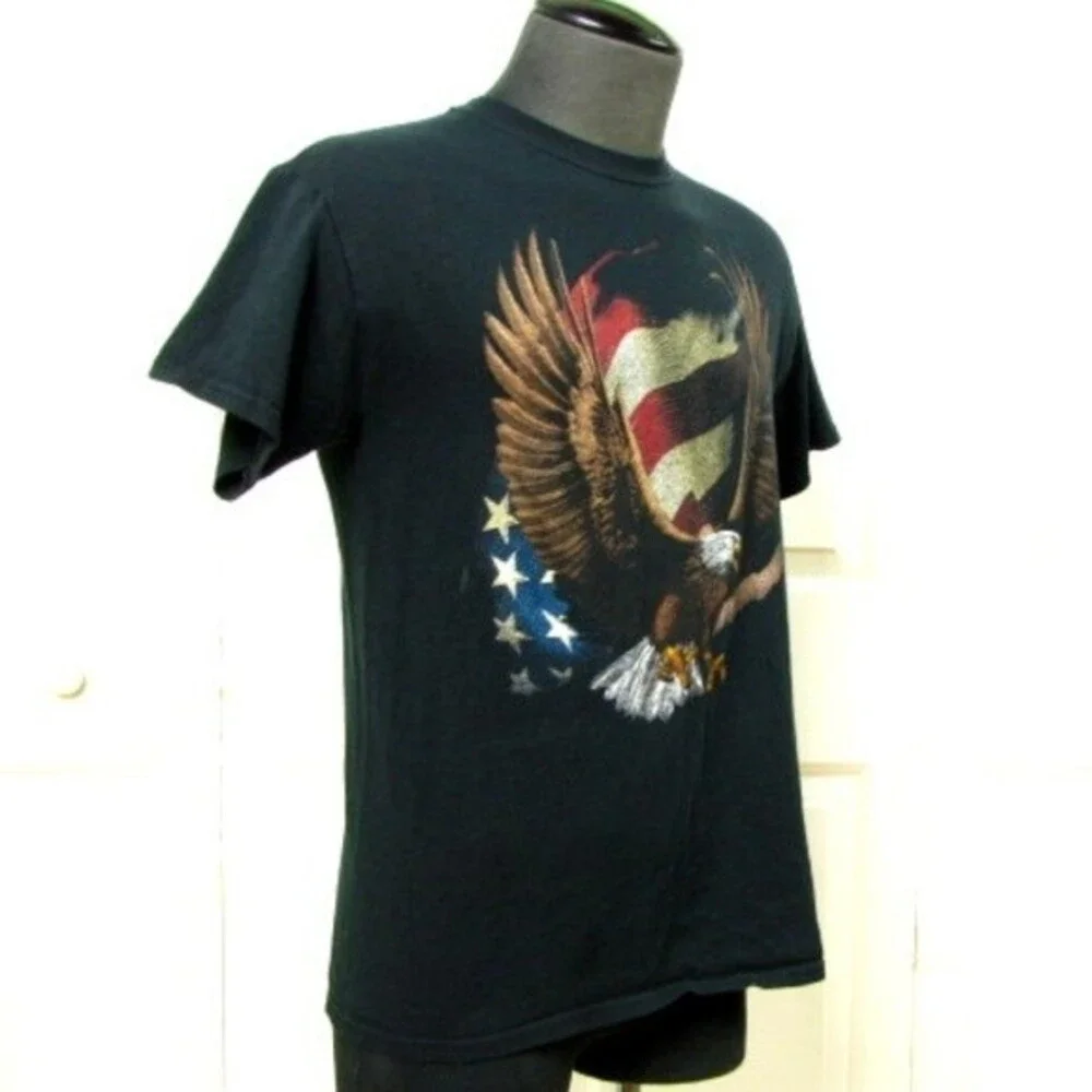 Graphic American Eagle and Flag Black Cotton Short Sleeve T-Shirt Medium
